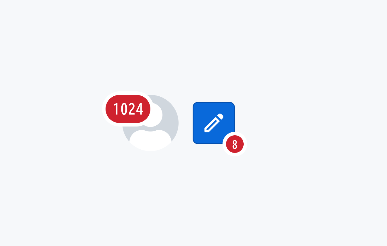 不適切な配置例。左側には「1024」という大きな数値のBadgeと編集アイコンが表示され、右側には編集アイコンの右上以外の位置にBadgeが配置されています。コンテンツの前面に配置する場合は右上以外に配置すると情報の認知順序やBadgeの視認性が低下します。