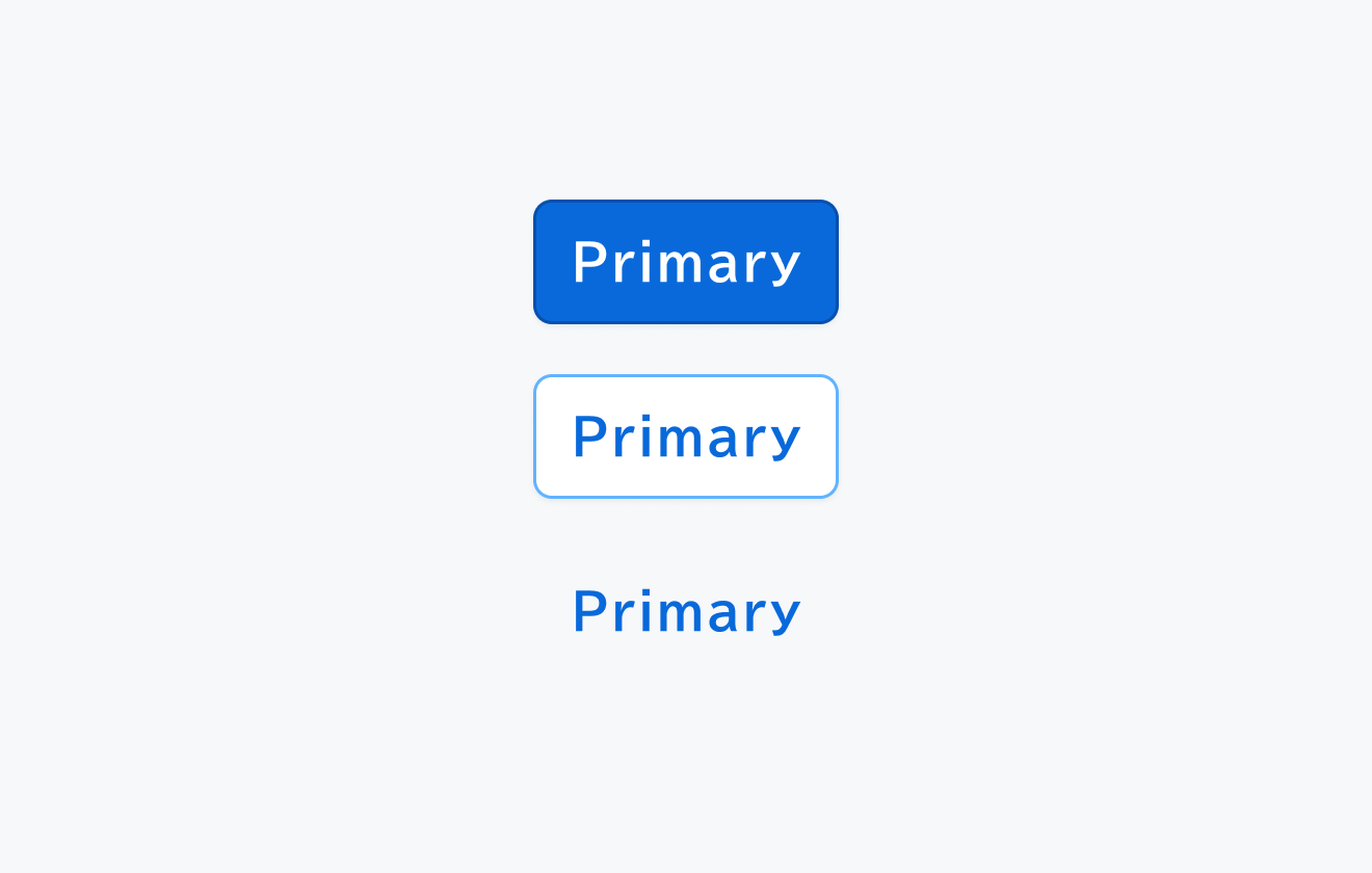 PrimaryテーマのButton。青色を基調としたSolid、Outline、Ghostの各バリエーションです。