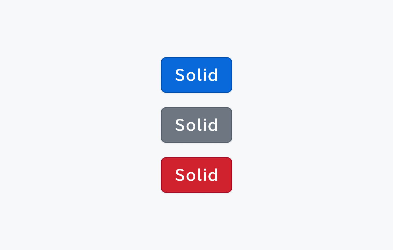 SolidスタイルのButton。Primary(主要アクション用の青い背景)、Neutral(中立的なグレーの背景)、Danger(破壊的アクション用の赤い背景)の3つのテーマによる背景色が付与されたボタンです。
