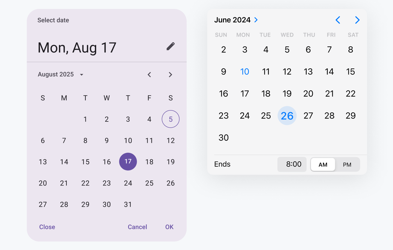 モバイルブラウザでの日付選択画面。Calendarコンポーネントの代わりにブラウザが提供しているデートピッカーが表示されます。