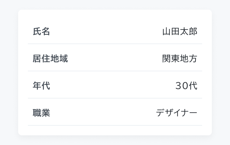 不適切な使用例。「氏名:山田太郎」「居住地域:関東地方」「年代:30代」「職業:デザイナー」という4つの項目がリスト形式で表示され、各項目の間と最後の項目の下にもDividerが配置されています。