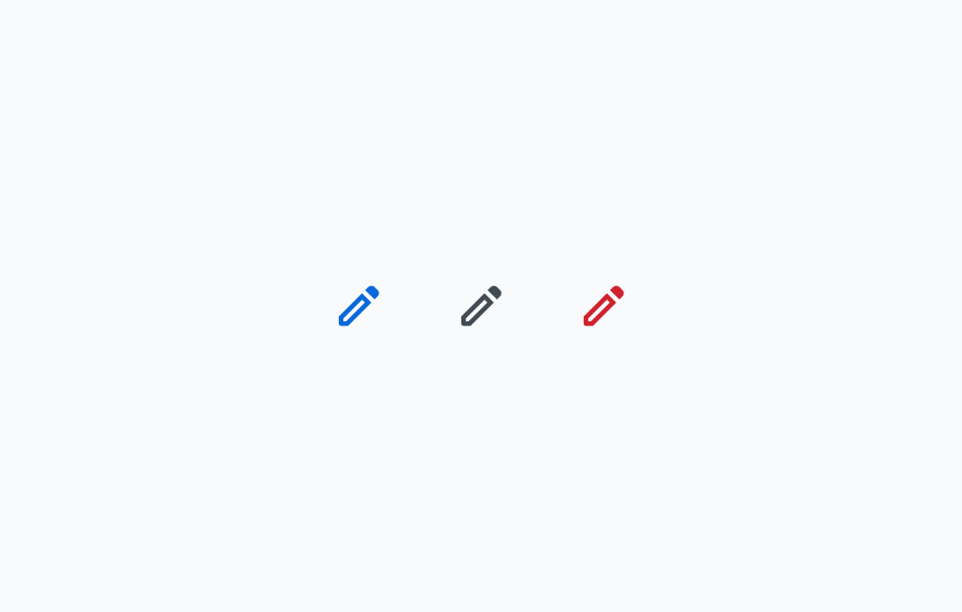 GhostスタイルのIcon Button。青色、グレー、赤色の3つのアイコンのみ（背景、枠線がない）のボタンが表示されています。