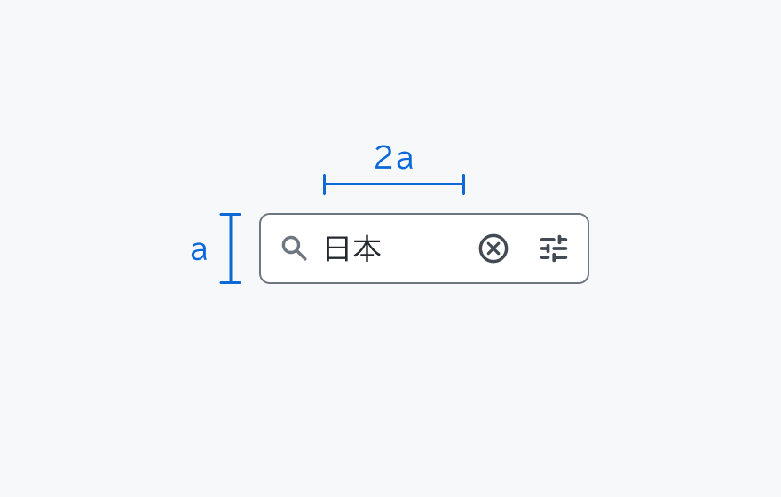 最小幅の仕様を示す図。検索アイコンと「日本」というテキスト、クリアアイコン、絞り込みアイコンが表示された入力フィールドです。矢印と「a」「2a」のラベルは、テキスト入力エリアがフィールドの高さの2倍を担保することを示します。