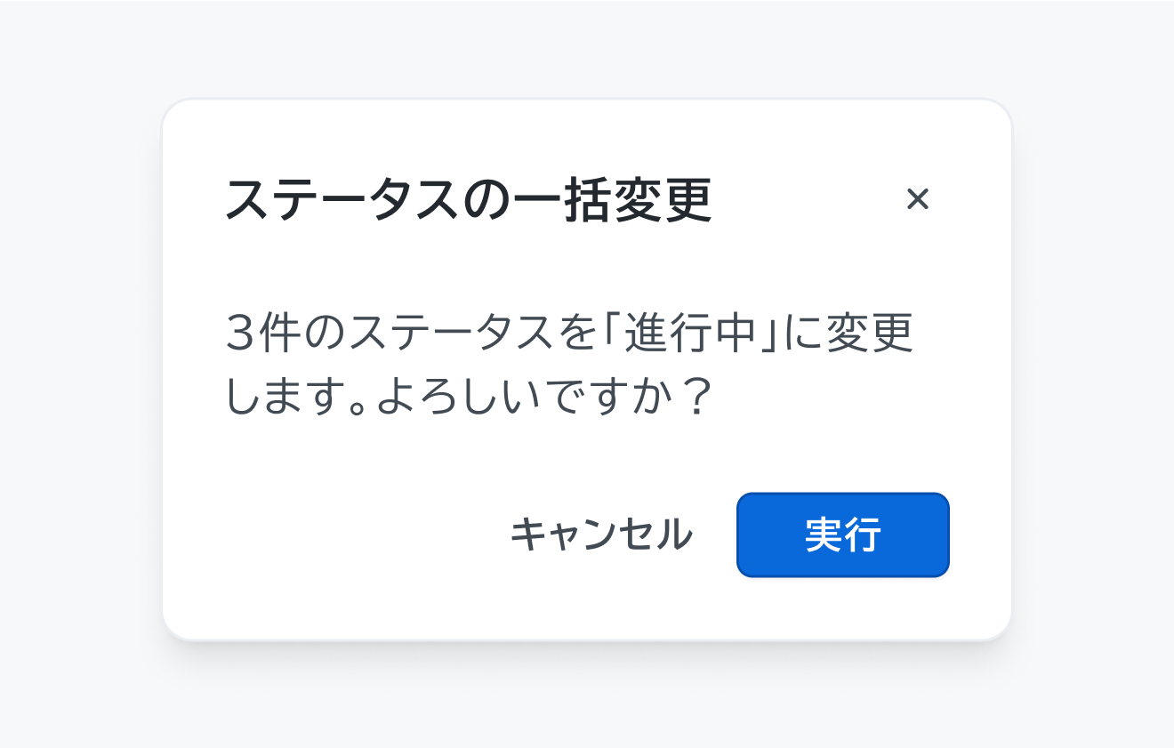 不適切な使用例。「ステータスの一括変更」というモーダルに、「3件のステータスを進行中に変更します。よろしいですか？」というテキストとキャンセルと実行ボタンが表示されています。