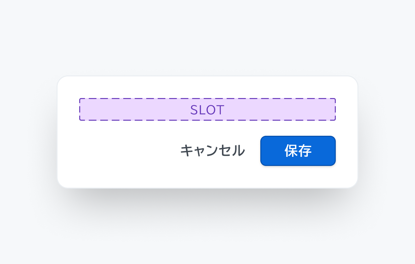 isHeader Falseの状態。「SLOT」というボディ領域、「キャンセル」と「保存」というボタンがあるフッターが表示されています。