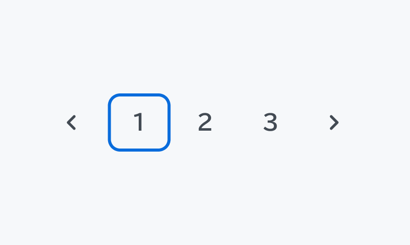 Default Focus状態のPagination。「前へ」の移動ボタン、1から3までのページ番号、そして「次へ」の移動ボタンが順に表示されています。ページ番号「1」のボタンは青い枠線で囲まれており、フォーカスが当たっている状態であることを示しています。
