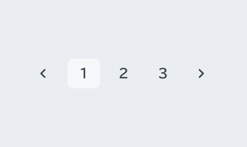 Default Hover状態のPagination。「前へ」の移動ボタン、1から3までのページ番号、そして「次へ」の移動ボタンが順に表示されています。ページ番号「1」には白色の背景が適用されており、現在選択されているページであることを示しています。