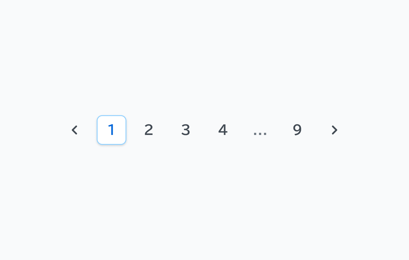isEdgesがFalse、isPagesがTrueのPagination。「前へ」の移動ボタン、1から4までのページ番号、中略を示す省略記号、最後のページ番号である9、そして「次へ」の移動ボタンが順に表示されています。