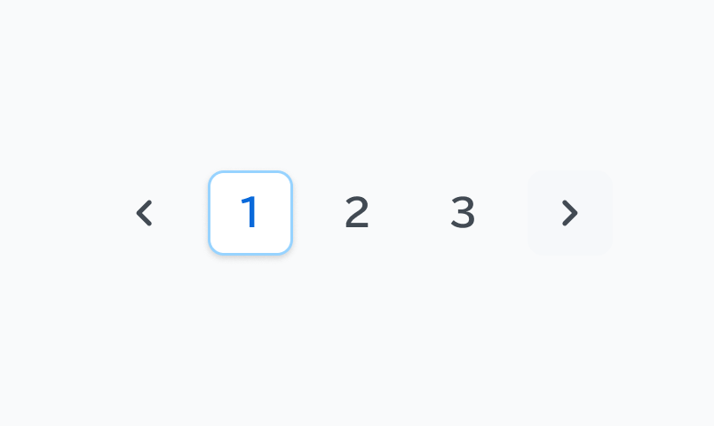 Current Enable状態のPagination。「前へ」の移動ボタン、1から3までのページ番号、そして「次へ」の移動ボタンが順に表示されています。ページ番号「1」には白い背景と青い枠線が適用されており、現在表示されているページであることを示しています。