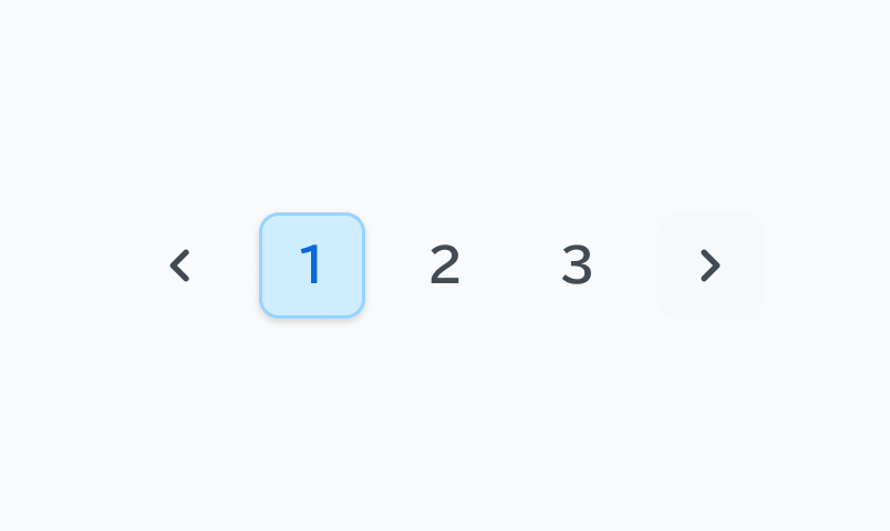 Current Active状態のPagination。「前へ」の移動ボタン、1から3までのページ番号、そして「次へ」の移動ボタンが順に表示されています。現在表示されているページ番号「1」のボタンには青い枠線と、Hover時よりも濃い青色の背景が適用されており、現在選択している状態であることを示しています。