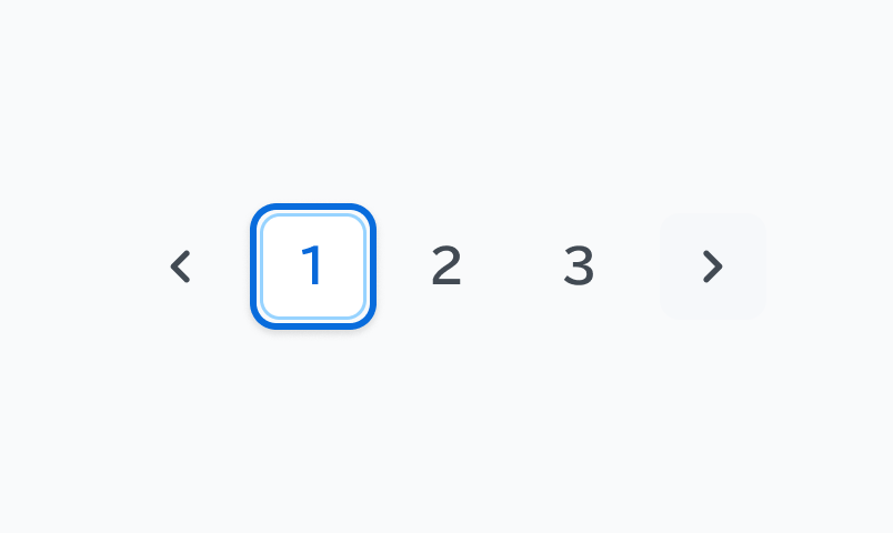 Current Focus状態のPagination。「前へ」の移動ボタン、1から3までのページ番号、そして「次へ」の移動ボタンが順に表示されています。現在表示されているページ番号「1」のボタンには青い枠線と青い背景が適用されており、フォーカスが当たっている状態であることを示しています。