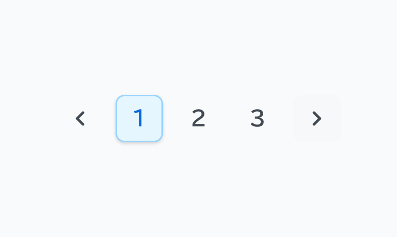 Current Hover状態のPagination。「前へ」の移動ボタン、1から3までのページ番号、そして「次へ」の移動ボタンが順に表示されています。現在表示されているページ番号「1」のボタンには青い枠線と薄い青い背景が適用されており、マウスオーバーされている状態であることを示しています。