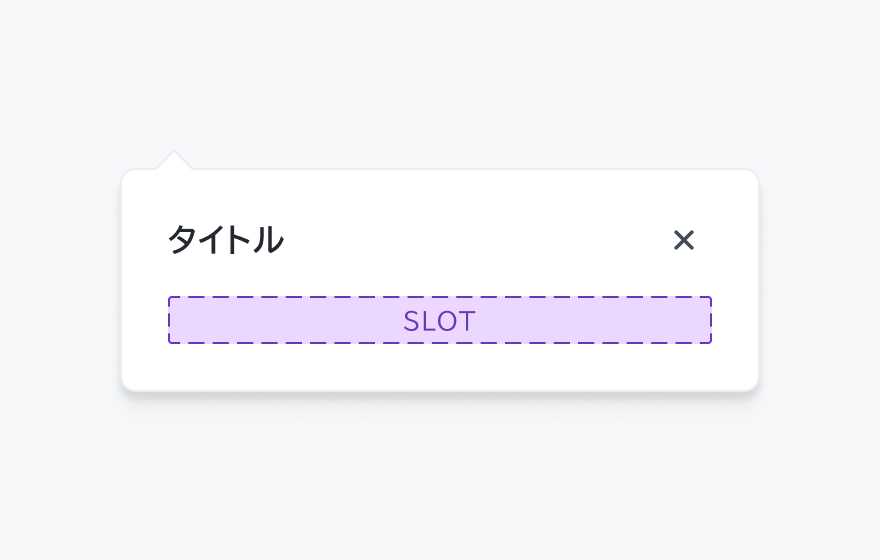 isFooter falseの状態。「タイトル」というヘッダー、右上に閉じるボタン、「SLOT」というボディ領域が表示されています。