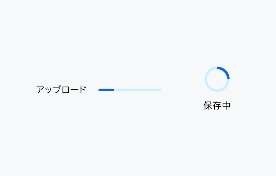 適切な使用例。左側に「アップロード」というラベルとbarタイプの進捗インジケーターが表示されています。右側に「保存中」というラベルとcircleタイプの進捗インジケーターが表示されています。