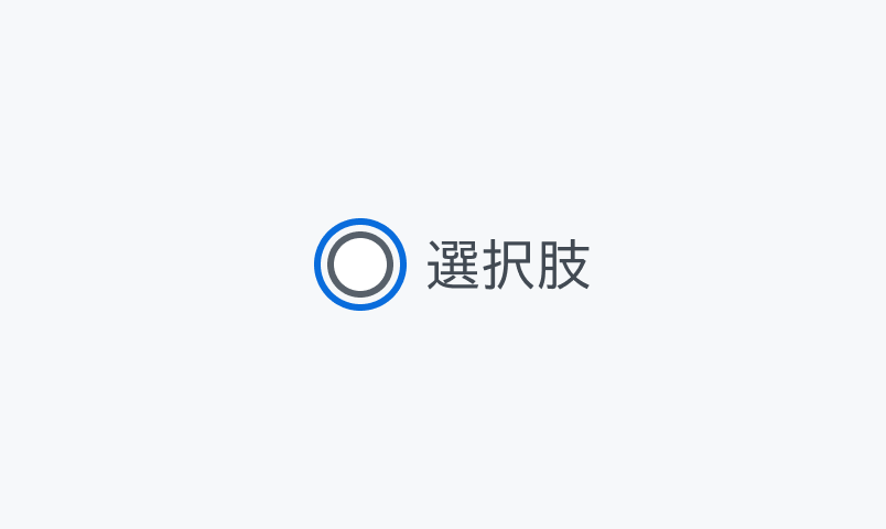 Default Focus状態のRadio。グレーの枠線の空の円形のラジオボタンが青い枠線で囲まれ、「選択肢」というラベルが表示されています。