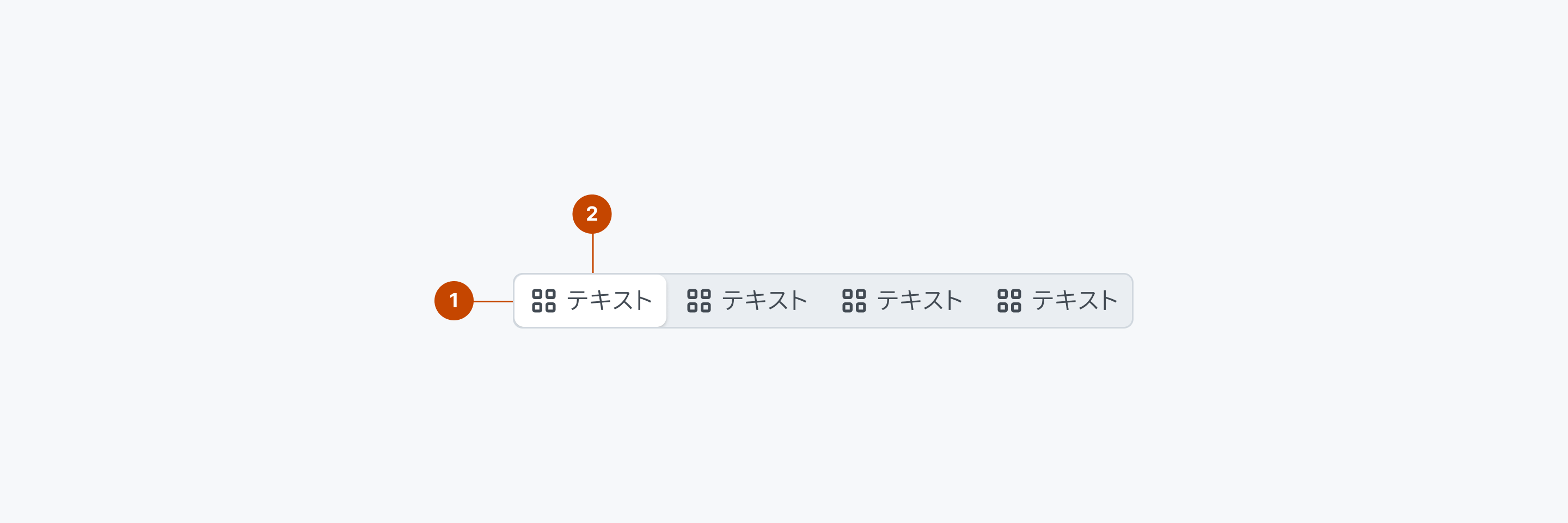 Segmented Controlの構成要素を示す解剖図。1はセグメントコントロールの灰色の角丸長方形の外枠要素を表すContainerを、2は各セグメントアイテムを表すUnitを示します。
