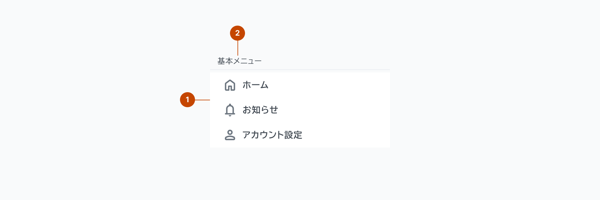Side Navigationの構成要素を示す解剖図。1はナビゲーション項目のセクションタイトルを表すSection Titleが「基本メニュー」というラベルで配置され、2はナビゲーション項目のユニット要素を表すUnitsを示しており、1の下に「ホーム」「お知らせ」「アカウント設定」というナビゲーション項目がアイコン付きで縦並びに表示されています。
