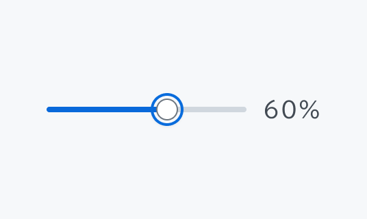 Active状態のSlider。青いインジケーターが60%の位置まで伸び、青い外枠で囲まれた薄い青色の円形のつまみがその右端に配置され、右側に「60%」というテキストが表示されています。