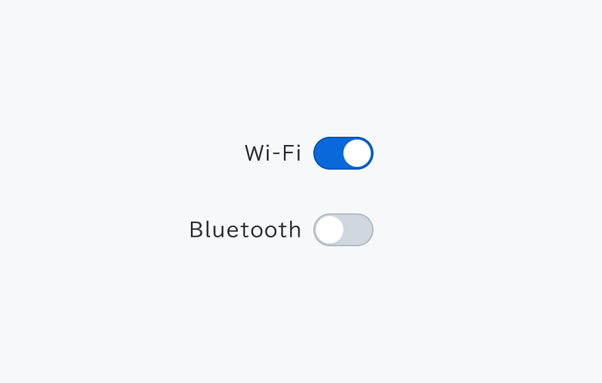 適切な使用例。左側に「Wi-Fi」というラベルと青いオン状態のスイッチ、「Bluetooth」というラベルとグレーのオフ状態のスイッチが表示されています。