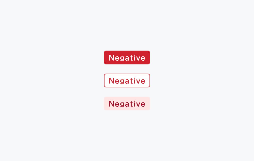 NegativeステータスのTag。赤色を基調としたSolid、Outline、Subtleの各バリエーションを示しています。