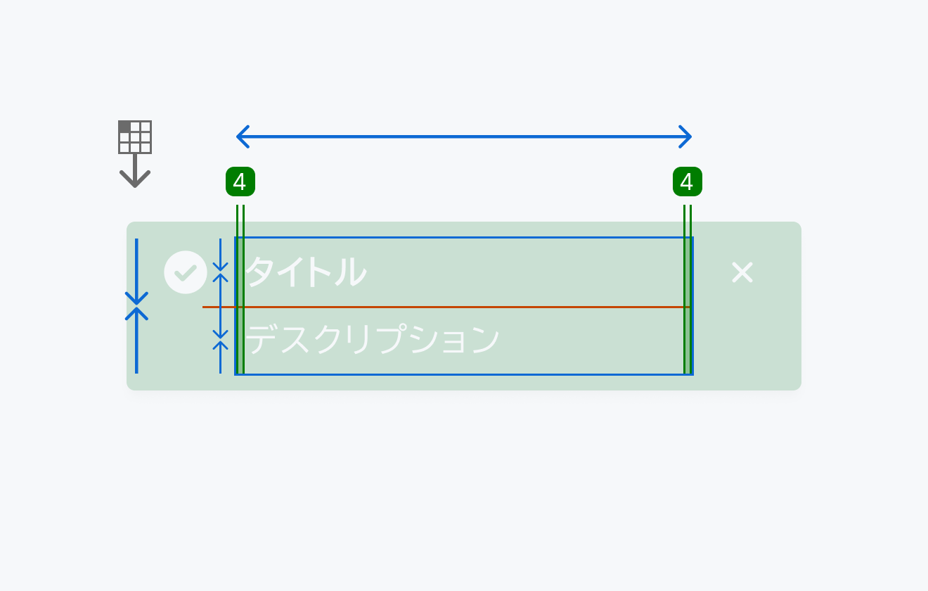Toastのテキスト部分の寸法仕様を示す図。